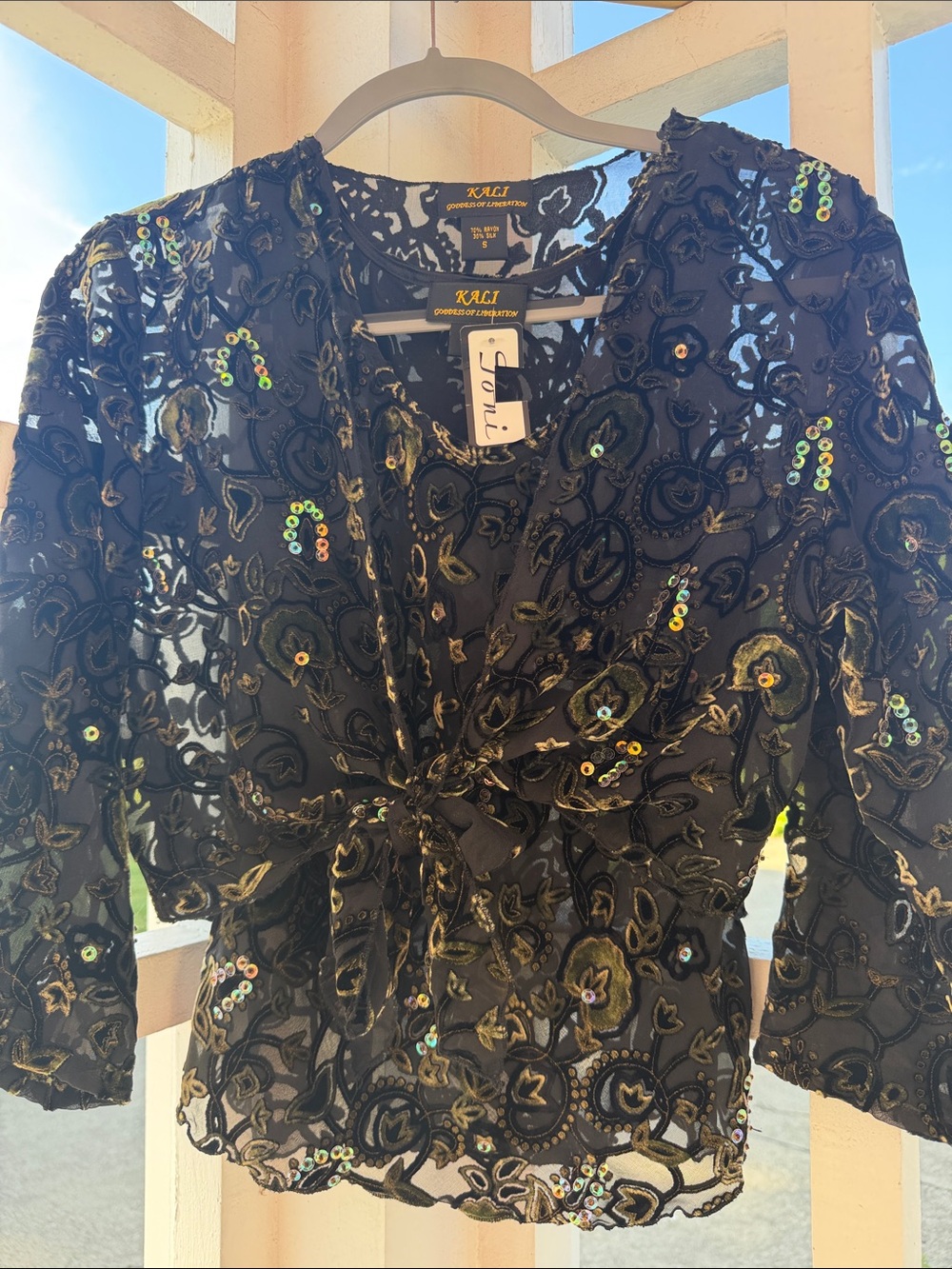 VTG Set Kali Black Sequin Embroidered Tie-Front Top with Matching Tank